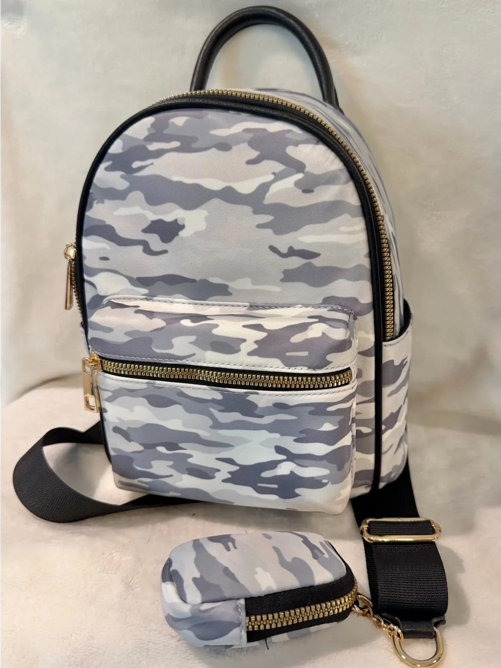 Gray Camo Mini Backpack Convertable Handbag, Adjustable Straps & Gold Hardware